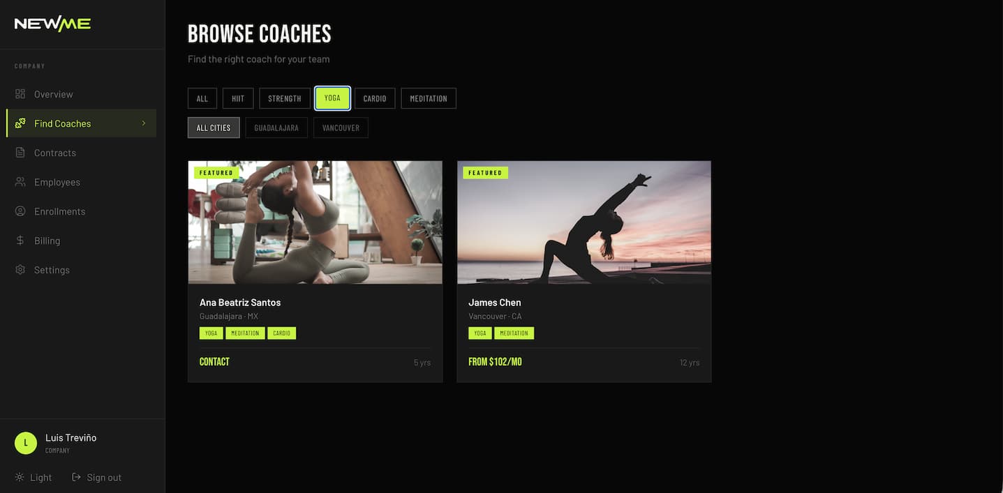 Directorio de coaches de NewMe filtrable por disciplina y ciudad