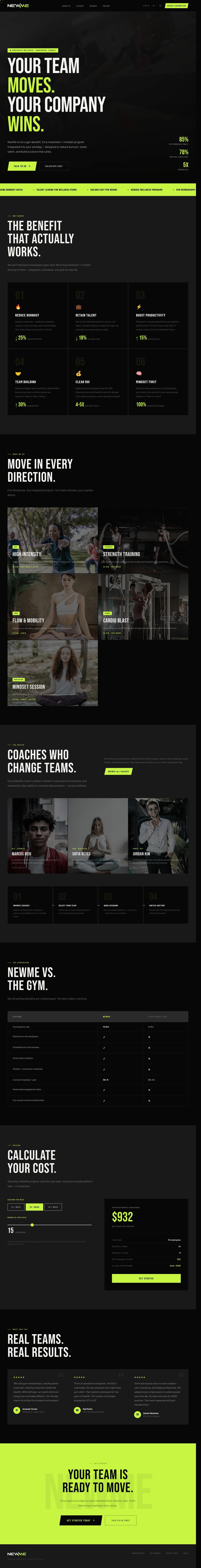 Landing page de NewMe en dark theme con headline 'Your Team Moves. Your Company Wins.'
