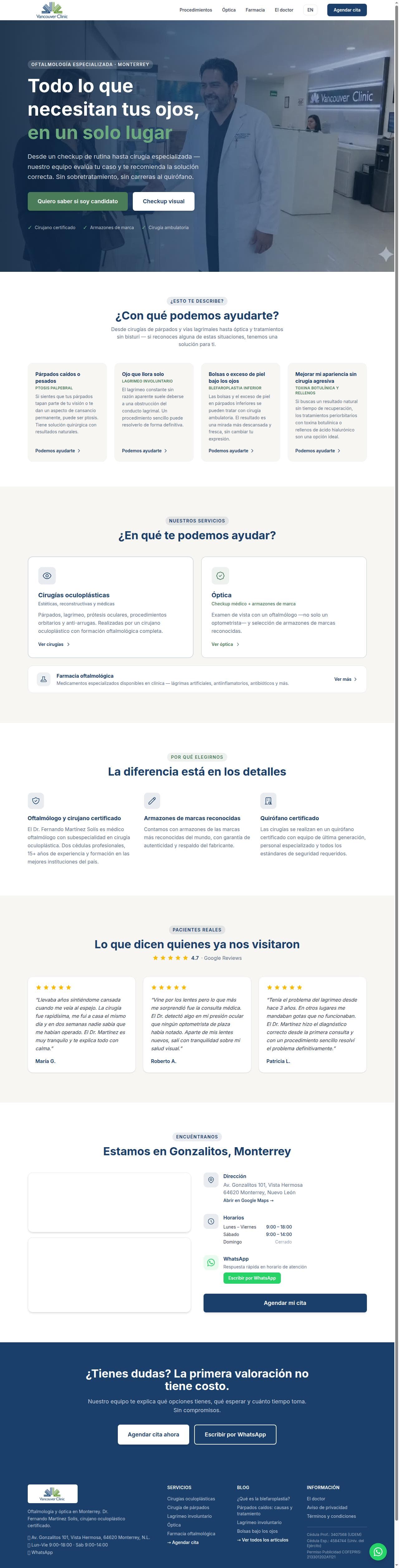 Homepage de Vancouver Clinic con el Dr. Fernando Martínez en el hero y cards de condiciones por síntoma