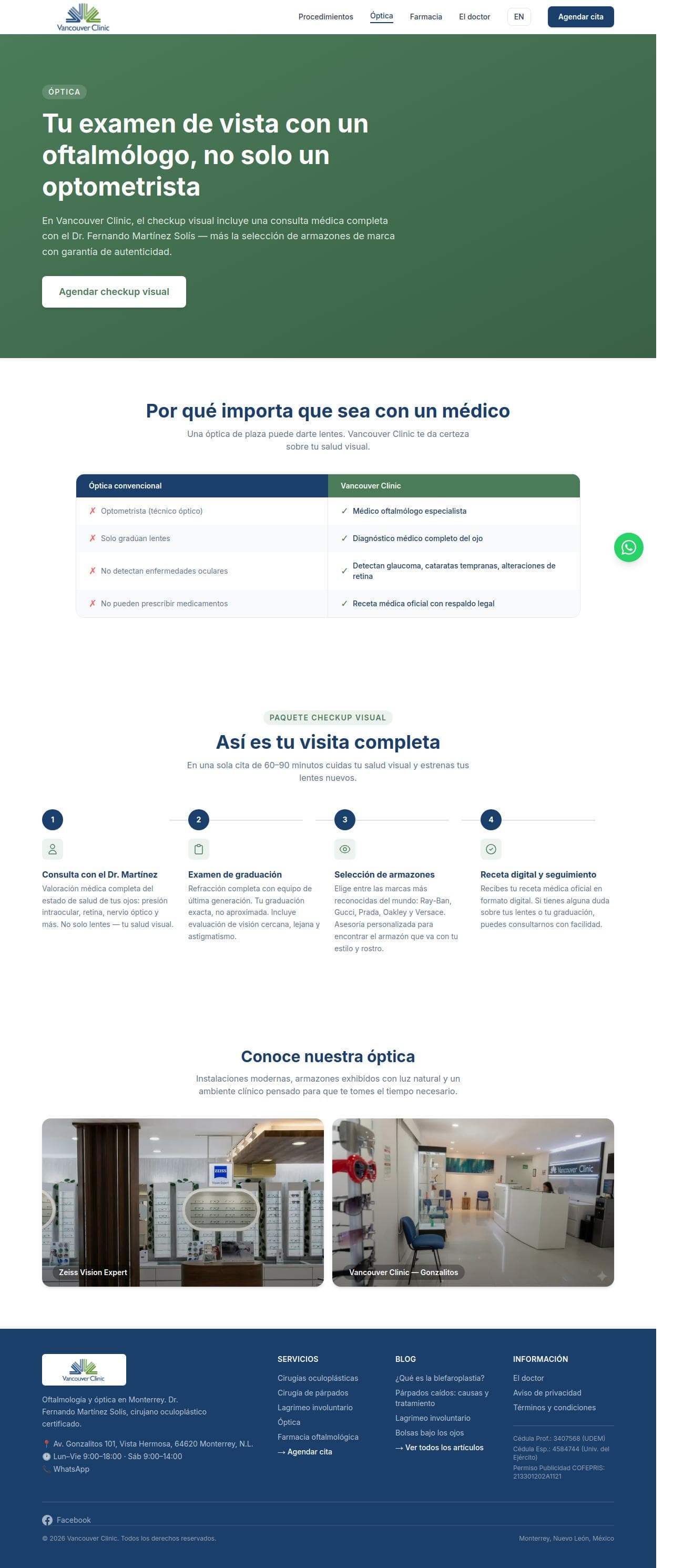 Página de óptica con tabla comparativa entre óptica convencional y Vancouver Clinic