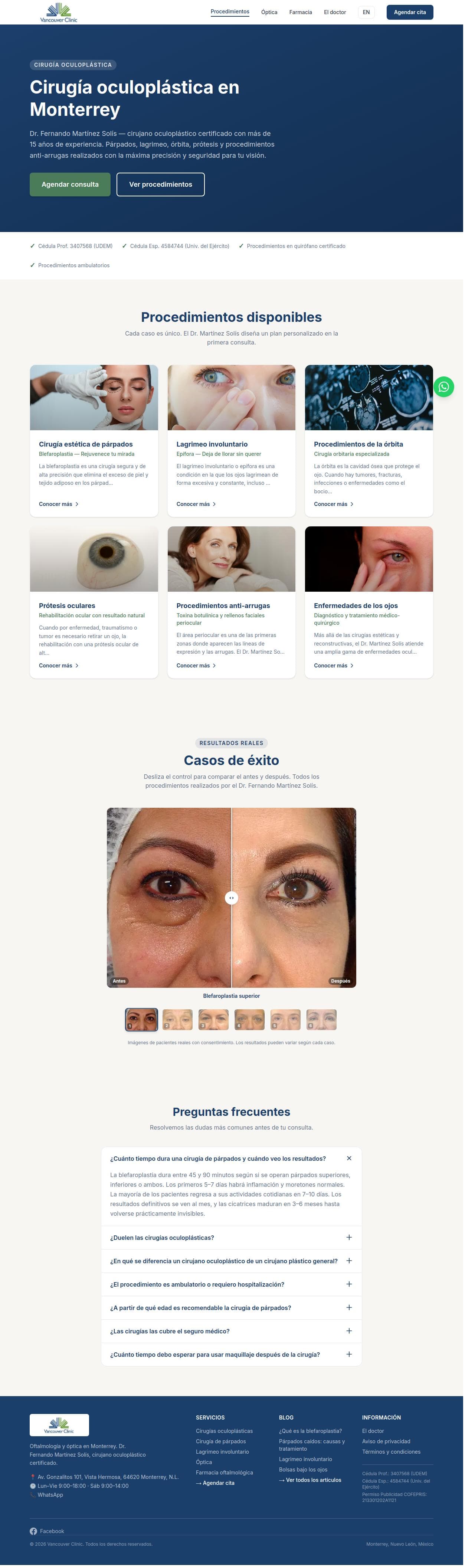 Página de procedimientos con grid de 6 servicios y galería before/after de pacientes reales
